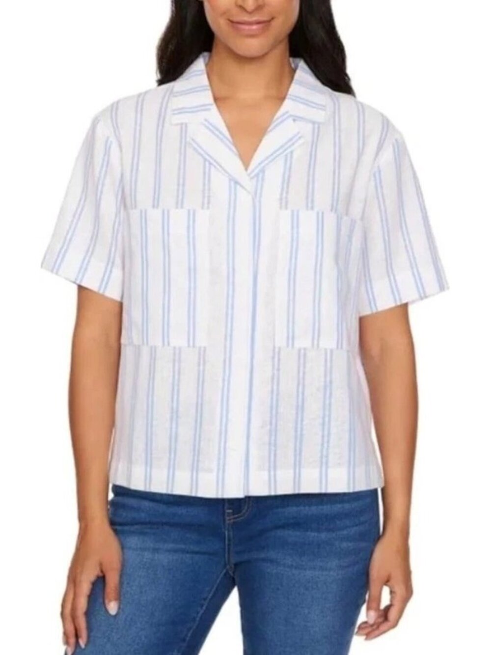 NWT Buffalo David Bitton Women's M Blue & White Linen Blend Utility Top Striped